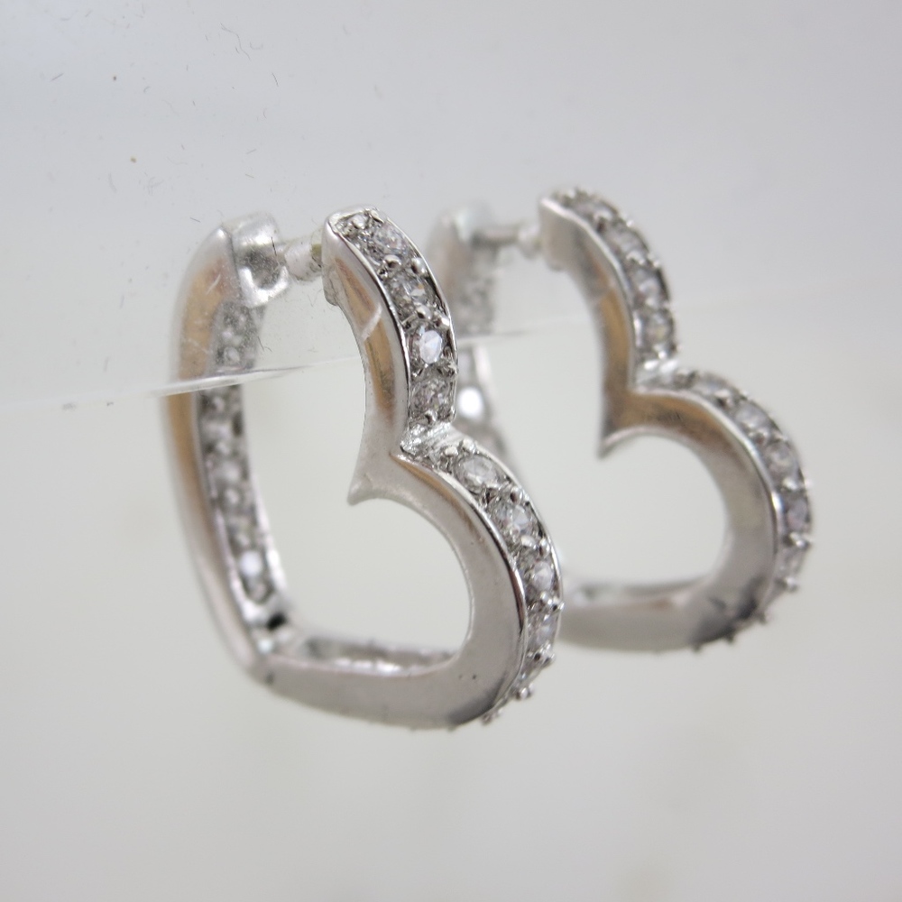 Sterling Silver Heart Hoop Earrings - Clear Stones